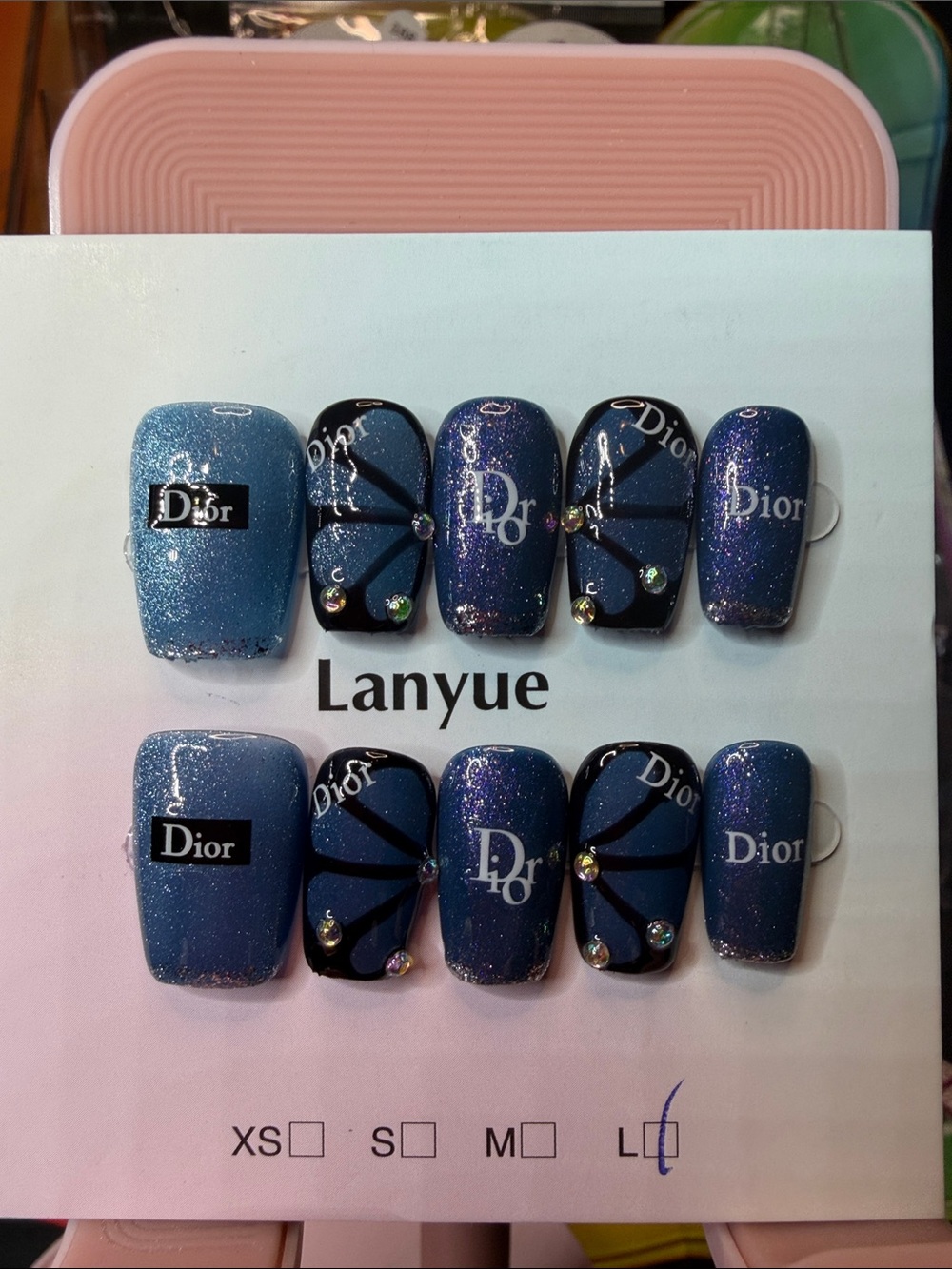 Sparkling Navy Blue Press-On Nails with Rhinestone Accents